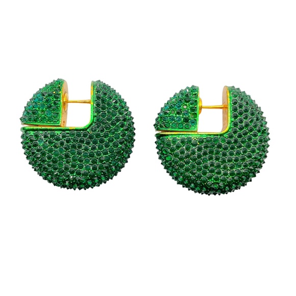 CELINE GREEN CRYSTAL RHINESTONE EMBELLISHED DISC HOOP EARRINGS - Picture 1 of 8